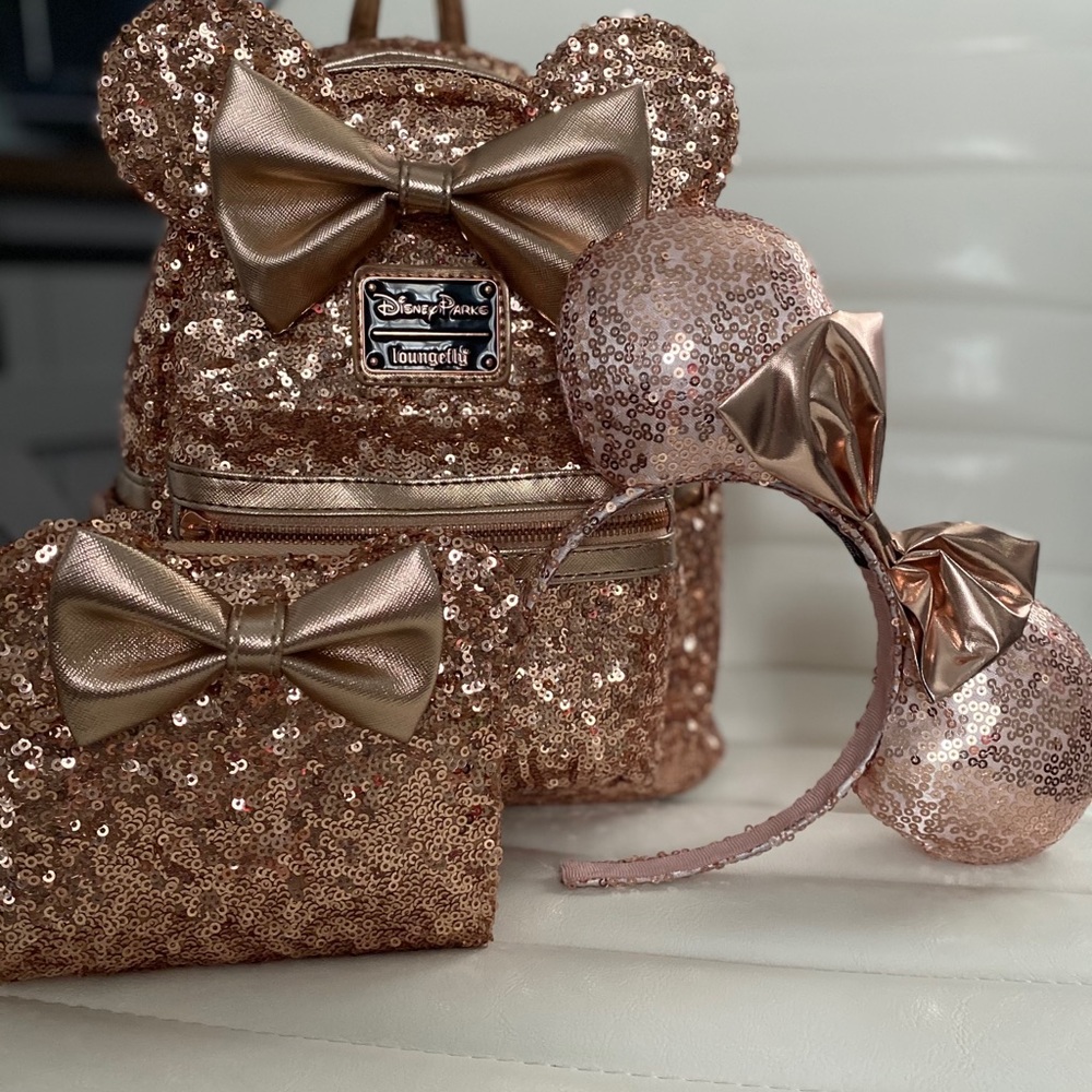 Disney Parks Rose Gold Minnie Mouse Loungefly Set